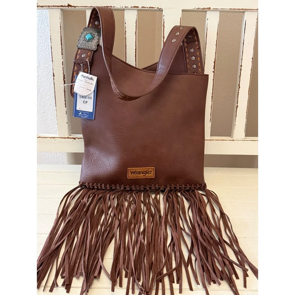 Wrangler Montana West Brown Fringe Hobo Bag Turquoise Concho S-WG61-918 NEW